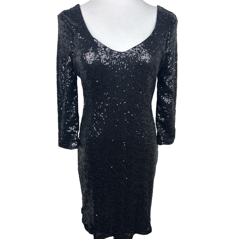Crystal Doll | Dresses | Crystal Doll Black Sequin Mini Dress Medium Open Back 34 Sleeve Cocktail Party